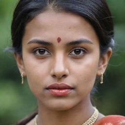 A girl wearing traditional Indian attire, with a distinctive mole on the left side of her chin. She has thick, well-shaped lips and a wide forehead.