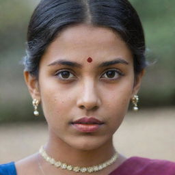 A girl wearing traditional Indian attire, with a distinctive mole on the left side of her chin. She has thick, well-shaped lips and a wide forehead.