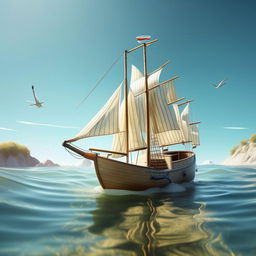 A whimsical bathtub boat with a sturdy sail, navigating through crystal-clear waters, surrounded by gentle waves and a clear sky.