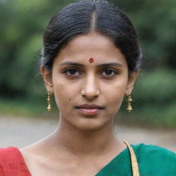 A girl wearing traditional Indian attire, with a distinctive mole on the left side of her chin. She has thick, well-shaped lips and a wide forehead.