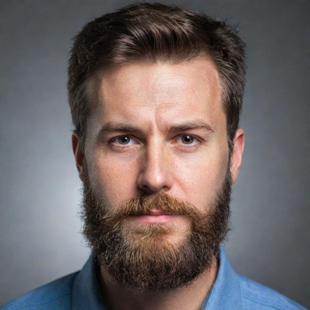 A facial portrait of the same person with a thick, well-groomed beard.