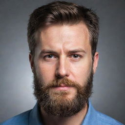 A facial portrait of the same person with a thick, well-groomed beard.