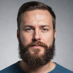 A facial portrait of the same person with a thick, well-groomed beard.