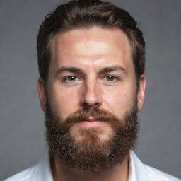 A facial portrait of the same person with a thick, well-groomed beard.