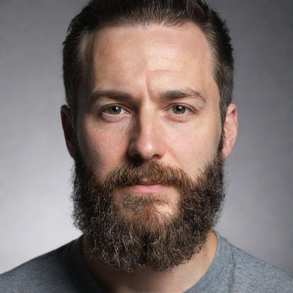 A facial portrait of the same person with a thick, well-groomed beard.