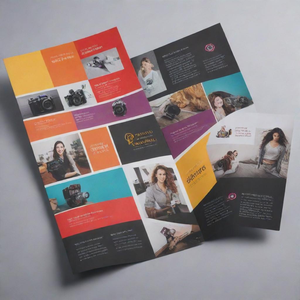 A polished and colorful brochure design centered on a professional photography studio theme. Include fine details like cameras, studio lighting, and photo samples to represent the business's services