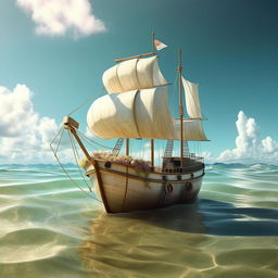 A whimsical bathtub boat with a sturdy sail, navigating through crystal-clear waters, surrounded by gentle waves and a clear sky.