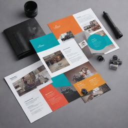 A polished and colorful brochure design centered on a professional photography studio theme. Include fine details like cameras, studio lighting, and photo samples to represent the business's services