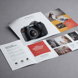 A polished and colorful brochure design centered on a professional photography studio theme. Include fine details like cameras, studio lighting, and photo samples to represent the business's services