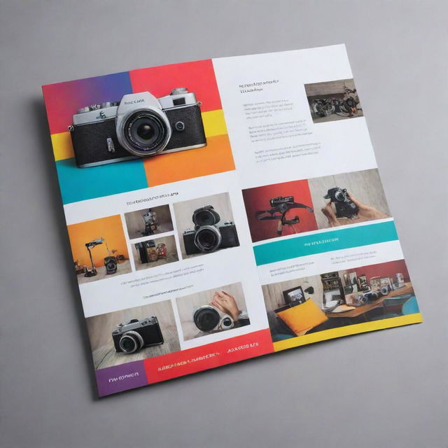 A polished and colorful brochure design centered on a professional photography studio theme. Include fine details like cameras, studio lighting, and photo samples to represent the business's services