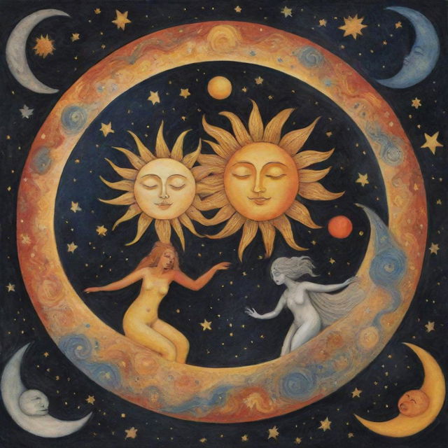 A whimsical scene of the sun and moon personified, merrily playing together in the cosmic space.