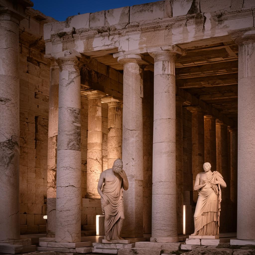 Timeless Greek philosophers engrossed in thought within an ancient temple, surrounded by classical architecture and the glow of wisdom.