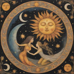 A whimsical scene of the sun and moon personified, merrily playing together in the cosmic space.