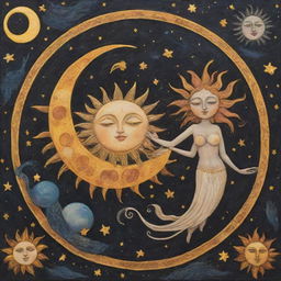 A whimsical scene of the sun and moon personified, merrily playing together in the cosmic space.