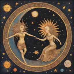 A whimsical scene of the sun and moon personified, merrily playing together in the cosmic space.