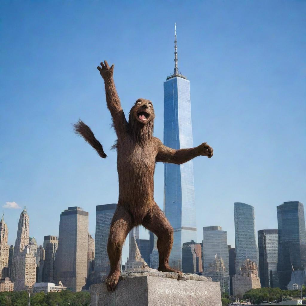 The Freedom Tower in New York City depicted anthropomorphically, as if scratching its own back while set against a splendid cityscape backdrop