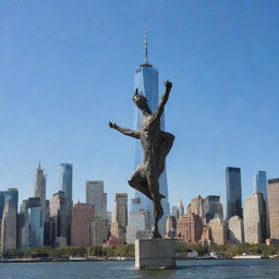 The Freedom Tower in New York City depicted anthropomorphically, as if scratching its own back while set against a splendid cityscape backdrop