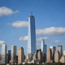 The Freedom Tower in New York City depicted anthropomorphically, as if scratching its own back while set against a splendid cityscape backdrop