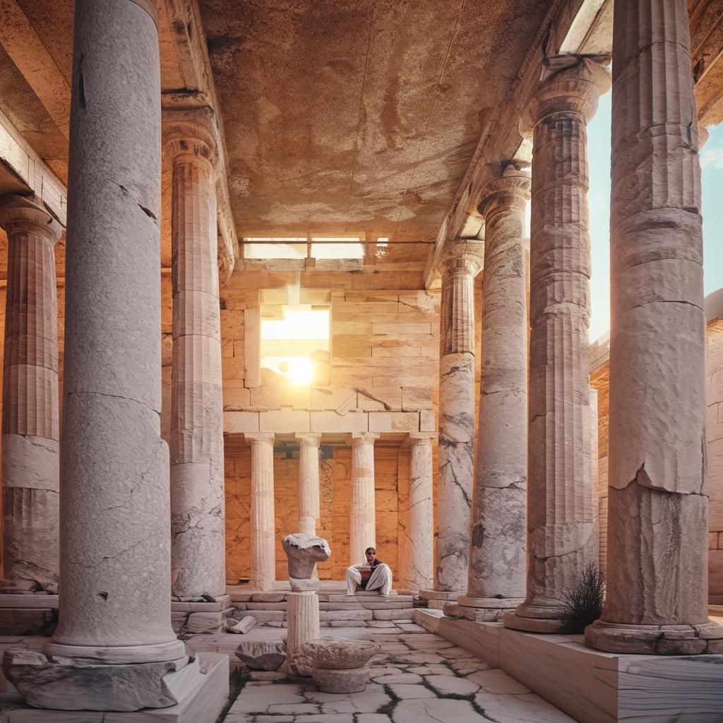 Timeless Greek philosophers engrossed in thought within an ancient temple, surrounded by classical architecture and the glow of wisdom.