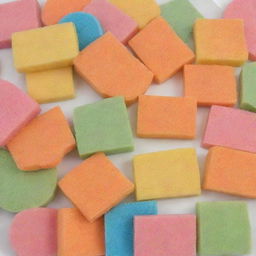 An array of dishes being cleaned with colorful washing sponges