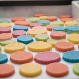 An array of dishes being cleaned with colorful washing sponges