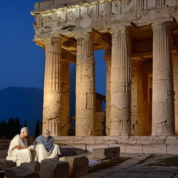 Timeless Greek philosophers engrossed in thought within an ancient temple, surrounded by classical architecture and the glow of wisdom.