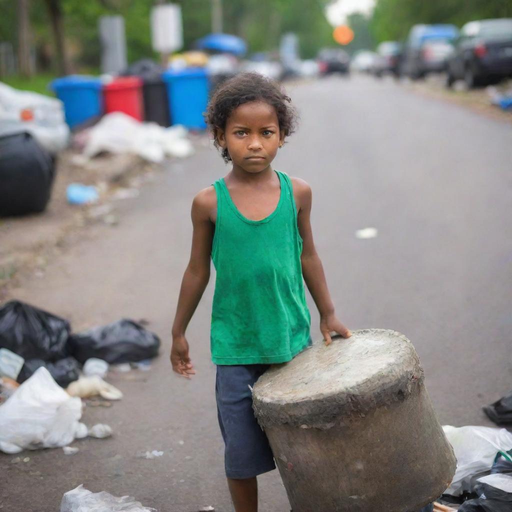 A vibrant image of a determined child, displaying strength, while lifting a drum of garbage, with focus on the physical effort and contrasting innocence.