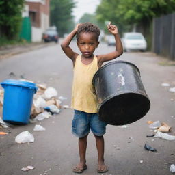 A vibrant image of a determined child, displaying strength, while lifting a drum of garbage, with focus on the physical effort and contrasting innocence.