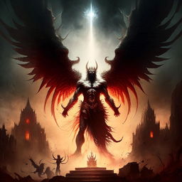 The demon king with huge demonic wings facing off against a divine figure representing God, amidst a celestial vs infernal backdrop.