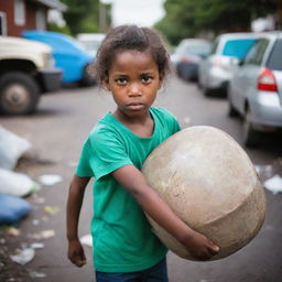 A vibrant image of a determined child, displaying strength, while lifting a drum of garbage, with focus on the physical effort and contrasting innocence.