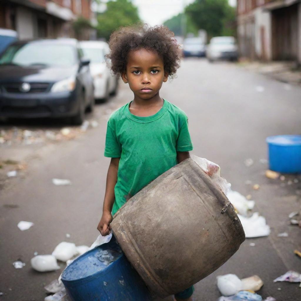 A vibrant image of a determined child, displaying strength, while lifting a drum of garbage, with focus on the physical effort and contrasting innocence.