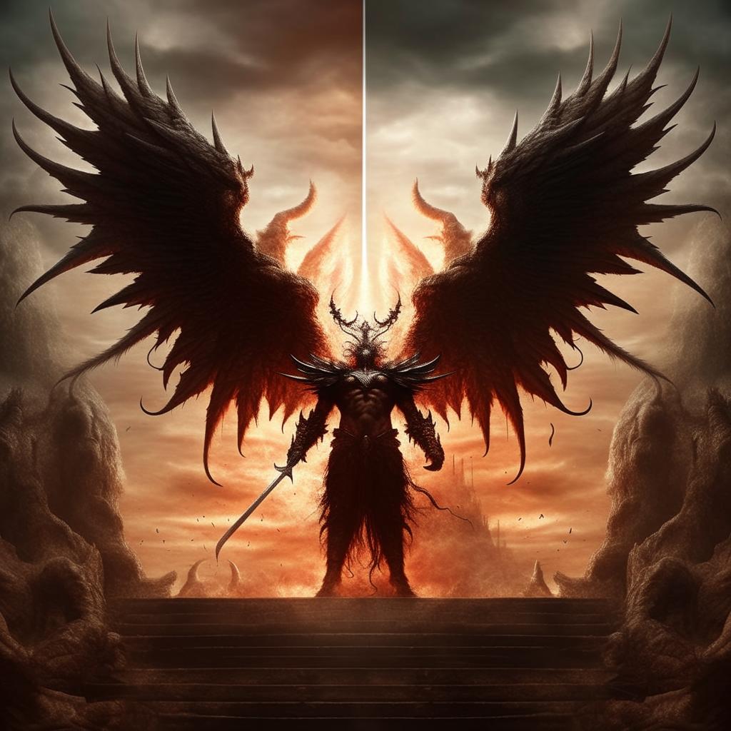 The demon king with huge demonic wings facing off against a divine figure representing God, amidst a celestial vs infernal backdrop.