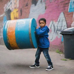 A spirited child lifting a large garbage drum with determination, in an urban environment filled with graffiti walls.