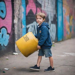 A spirited child lifting a large garbage drum with determination, in an urban environment filled with graffiti walls.