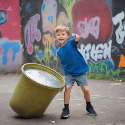 A spirited child lifting a large garbage drum with determination, in an urban environment filled with graffiti walls.