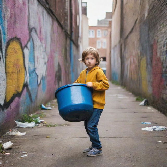 A spirited child lifting a large garbage drum with determination, in an urban environment filled with graffiti walls.