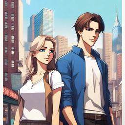 A high-quality digital art piece that portrays a 26-year-old man with brown hair and eyes, donned in casual attire, standing prominently in the center