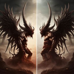 The demon king with huge demonic wings facing off against a divine figure representing God, amidst a celestial vs infernal backdrop.