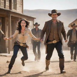 Dynamic desperados in a classic Wild West setting, engaged in a high-action scene, full of movement and dramatic energy