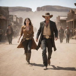 Dynamic desperados in a classic Wild West setting, engaged in a high-action scene, full of movement and dramatic energy