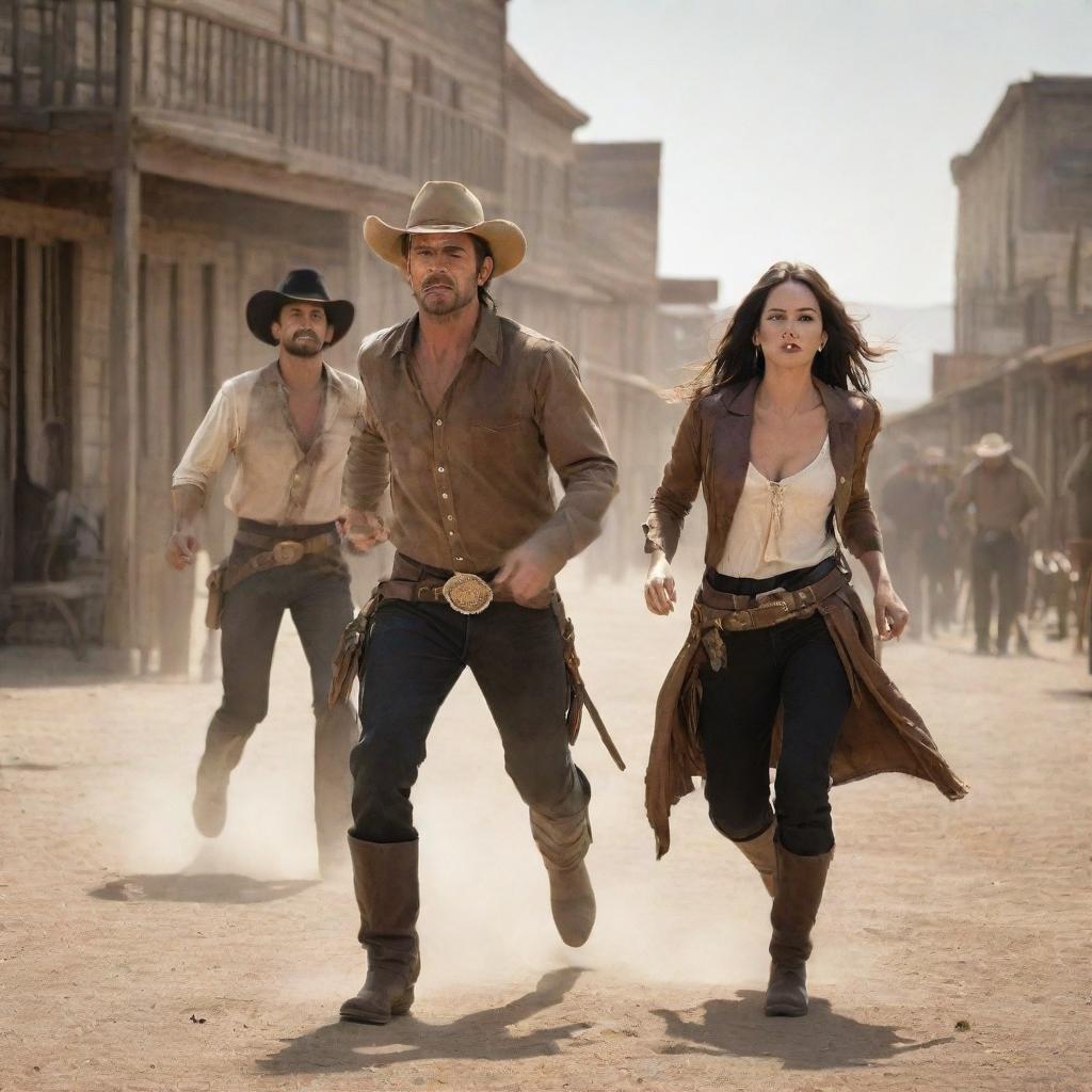 Dynamic desperados in a classic Wild West setting, engaged in a high-action scene, full of movement and dramatic energy