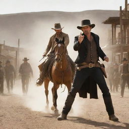 Dynamic desperados in a classic Wild West setting, engaged in a high-action scene, full of movement and dramatic energy