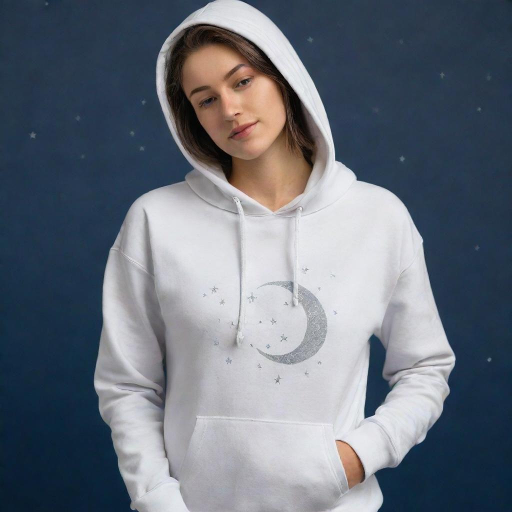 A hoodie with a small, elegant, shimmering silver crescent moon near the left chest area, surrounded by delicate stars and constellations, creating a celestial and dreamy atmosphere.