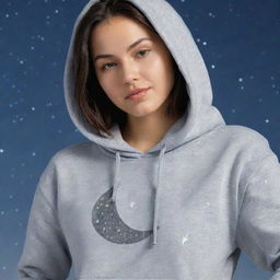 A hoodie with a small, elegant, shimmering silver crescent moon near the left chest area, surrounded by delicate stars and constellations, creating a celestial and dreamy atmosphere.