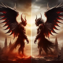 The demon king with huge demonic wings facing off against a divine figure representing God, amidst a celestial vs infernal backdrop.