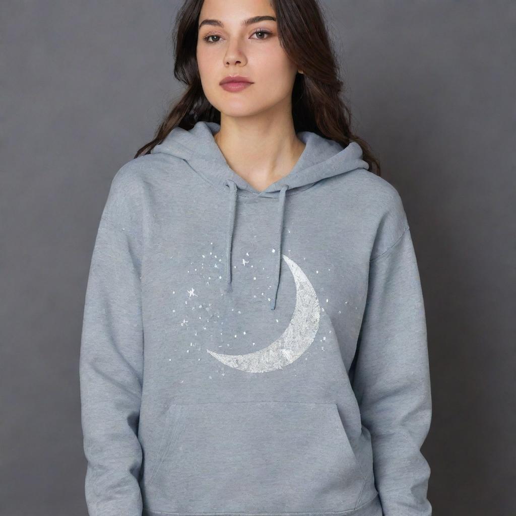 A hoodie with a small, elegant, shimmering silver crescent moon near the left chest area, surrounded by delicate stars and constellations, creating a celestial and dreamy atmosphere.