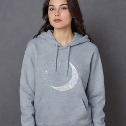 A hoodie with a small, elegant, shimmering silver crescent moon near the left chest area, surrounded by delicate stars and constellations, creating a celestial and dreamy atmosphere.