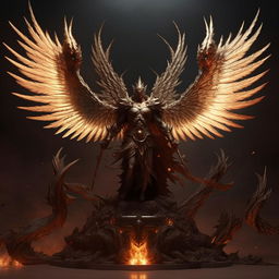 Modify the divine figure to resemble a majestic angel with luminous wings, clashing with the demon king with demonic wings, embodying the battle between heaven and hell.