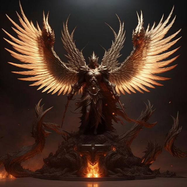 Modify the divine figure to resemble a majestic angel with luminous wings, clashing with the demon king with demonic wings, embodying the battle between heaven and hell.