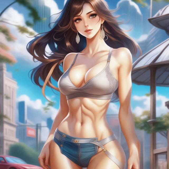 A high-quality digital art image features a woman with long, flowing brown hair, her original face restored, standing confidently in front of the camera